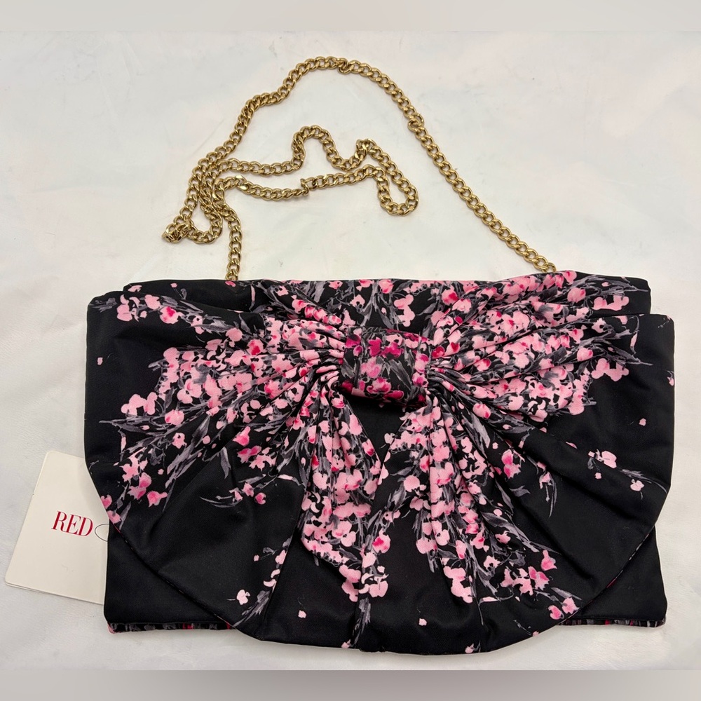 RED Valentino Black and Pink Cherry Blossom Floral Clutch Chain Bag